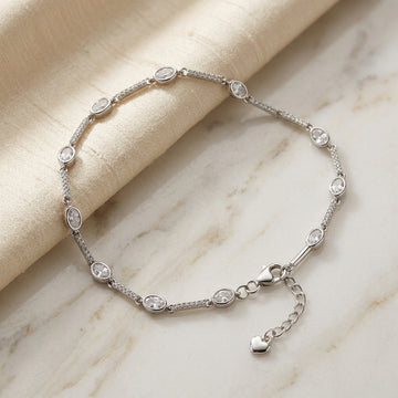 925 Silver Oval-Cut Station & Pave Bar Anklet - Luxurious Sparkle 324-88000