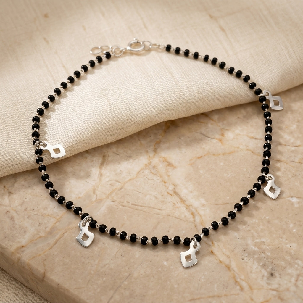 925 Silver Black Beaded Charm Anklet - Dainty Sterling Silver Foot Jewelry 1 pair 305-46000