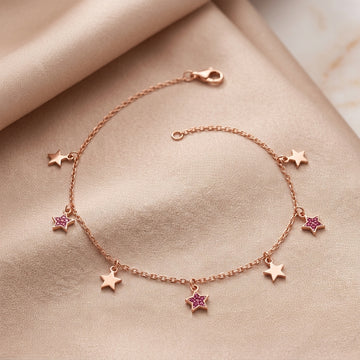 925 Silver Rose Gold Star Charm Anklet - Celestial Pink Crystal Jewelry 1pc 323-24000