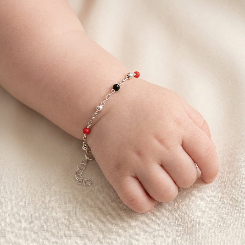 925 Sterling Silver Kids Anklet with Red and Black Beads - Adjustable Baby 679-19000