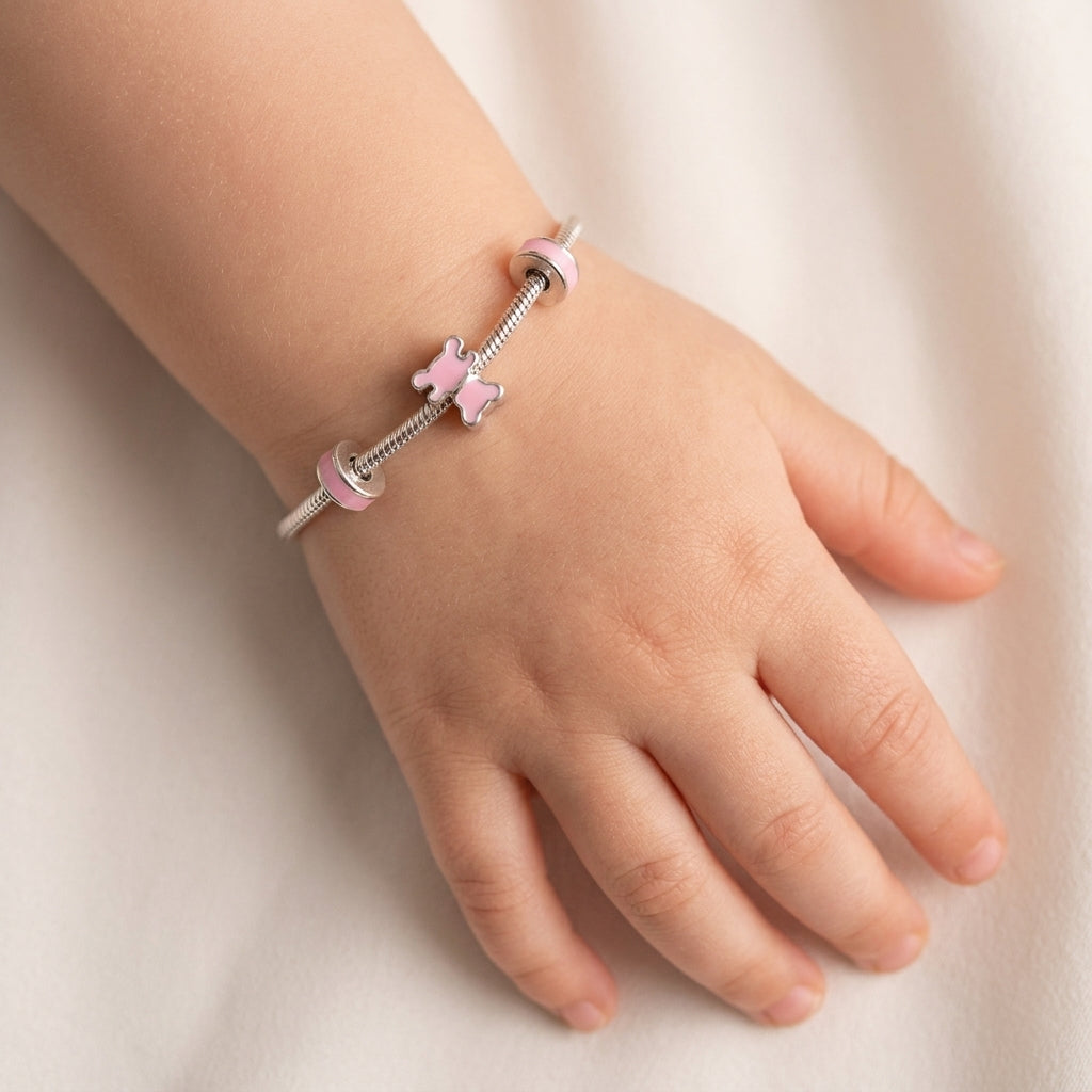 925 Sterling Silver Kids Teddy Bear Bracelet - Pink Enamel Charm Jewelry Baby 675-42000