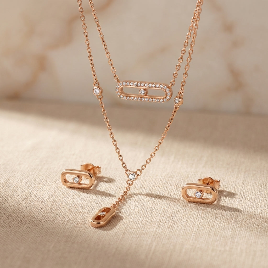925 Silver Rose Gold Layered Necklace and Earring Set - Real Silver Jewelry- 402-59000