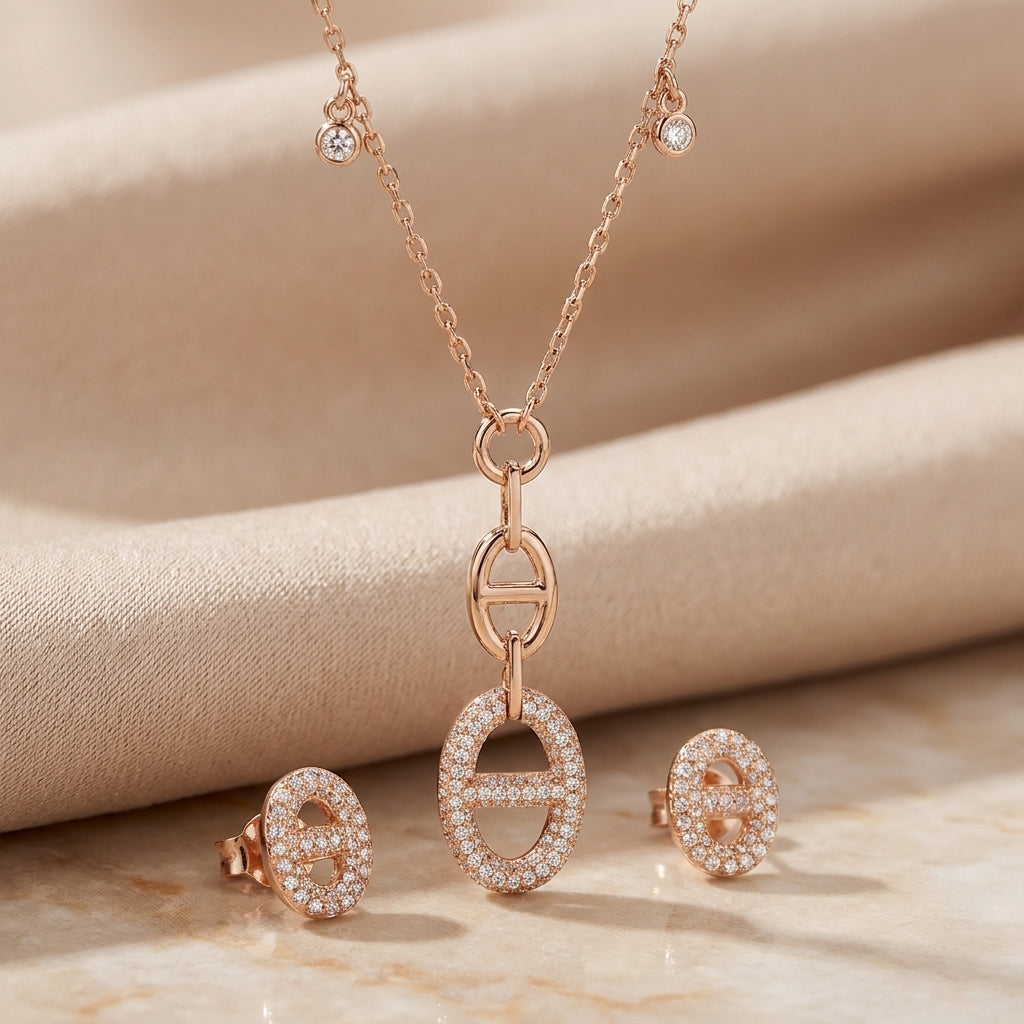 925 Silver Rose Gold Oval Link Necklace and Earring Set - Real Silver Jewelry 400-63000