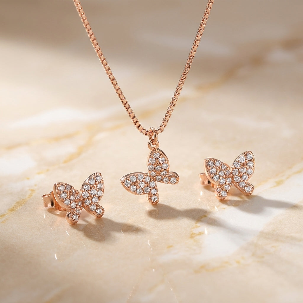 925 Silver Rose Gold Butterfly Necklace and Earring Set - Real Silver Jewelry 399-47000