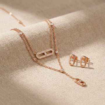 925 Silver Rose Gold Layered Necklace and Earring Set - Real Silver Jewelry- 402-59000