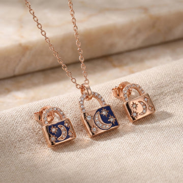 925 Silver Rose Gold Padlock Necklace and Earring Set - Real Silver Jewelry 401-56000