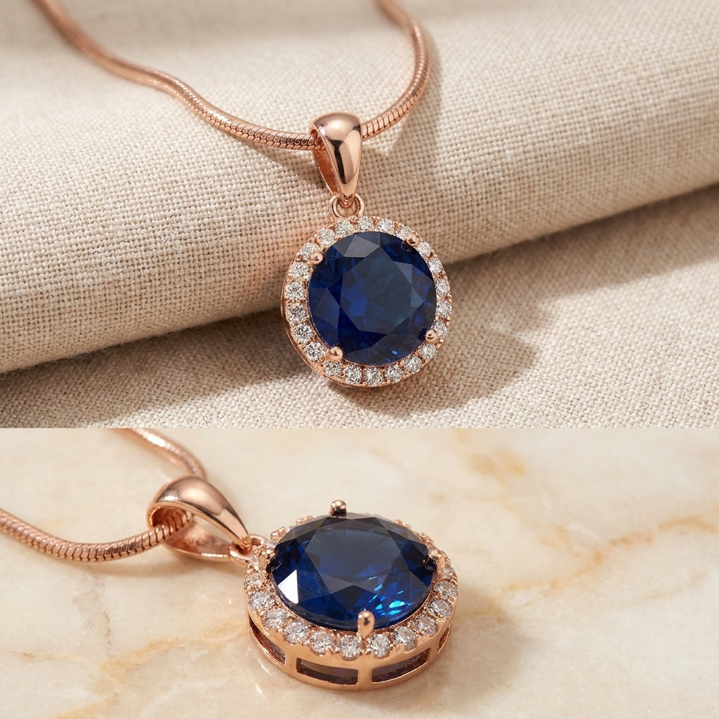 925 Silver Rose Gold Blue Halo Pendant Necklace - Real Silver Jewelry 172-73000
