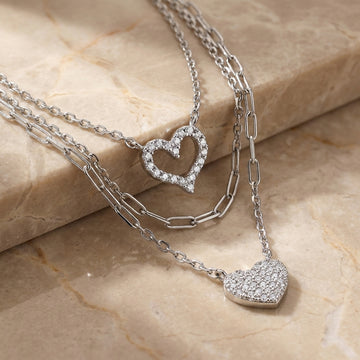 925 silver Triple Layered Heart Pendant Necklace - Real Silver Multi-Strand Jewelry 367-61000