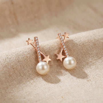 925 silver Rose Gold Star & Pearl Earrings - Real Silver Celestial Crawler Studs 234-17000