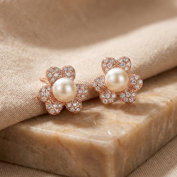 925 silver Rose Gold Pearl Flower Stud Earrings - Real Silver Dainty Crystal Petal Jewelry 235-25000