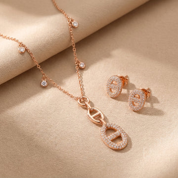925 Silver Rose Gold Oval Link Necklace and Earring Set - Real Silver Jewelry 400-63000