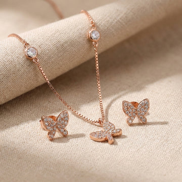 925 Silver Rose Gold Butterfly Necklace and Earring Set - Real Silver Jewelry 399-47000