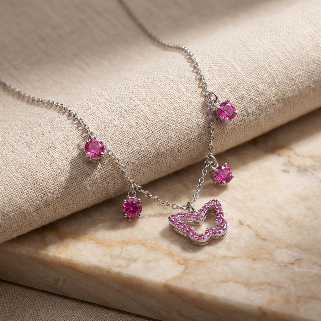 925 silver Pink Butterfly Crystal Choker - Real Silver Fringe Charm Necklace 272-32000