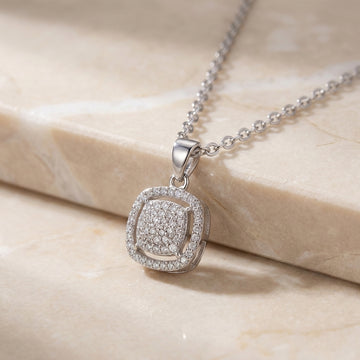 925 Silver Square Halo Pendant Necklace - Real Silver Jewelry 255-38000