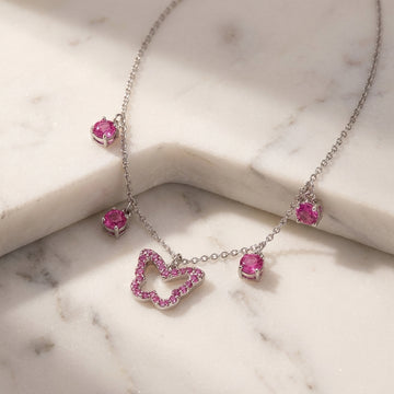 925 silver Pink Butterfly Crystal Choker - Real Silver Fringe Charm Necklace 272-32000