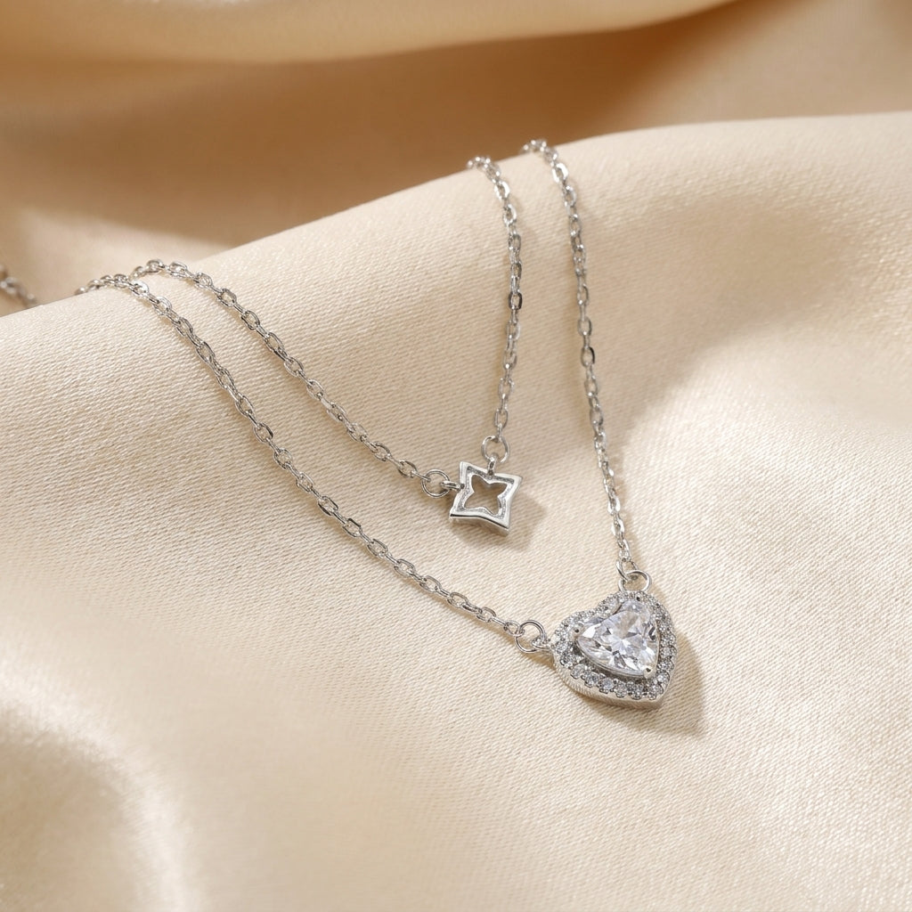 925 Silver Layered Necklace with CZ Diamond Pendant-5700