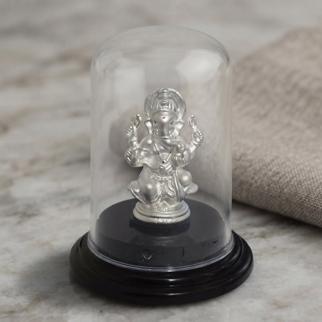 999 Pure Silver Ganesh Idol in Glass Case - Car & Home Pooja-106-4-45