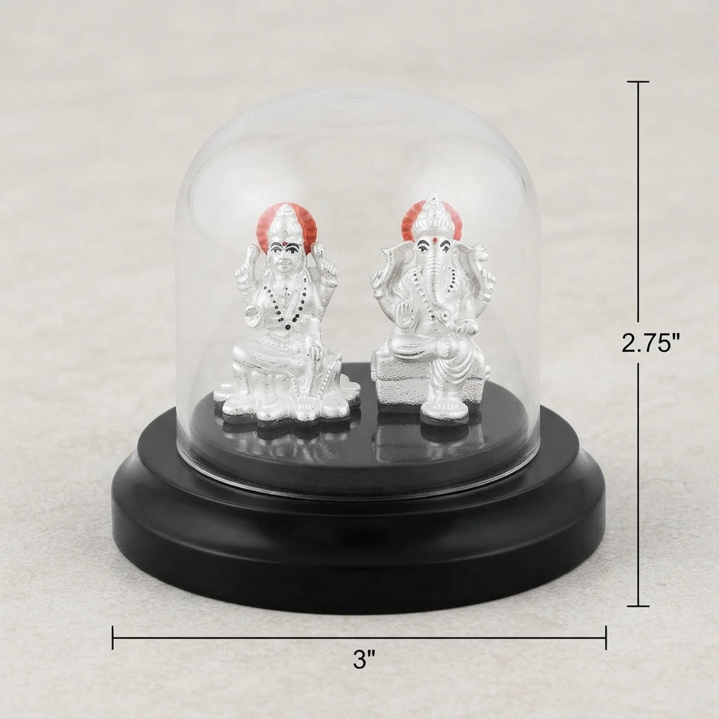 999 Pure Silver Lakshmi Ganesha Idol Set in Dome-0-4-74
