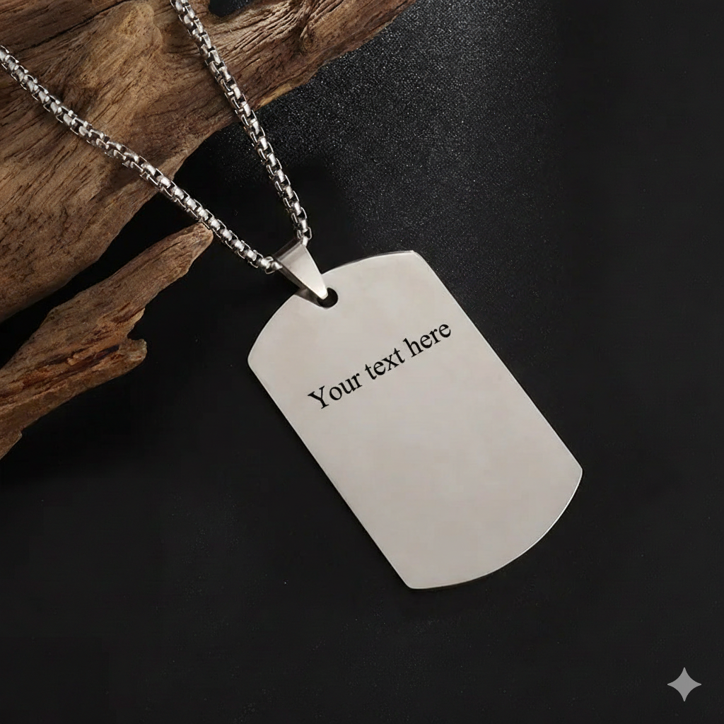 Custom text engraved dog tag necklace in silver-toned stainless steel waterproof and hypoallergenic premium personalized gift for men and teens in USA Canada