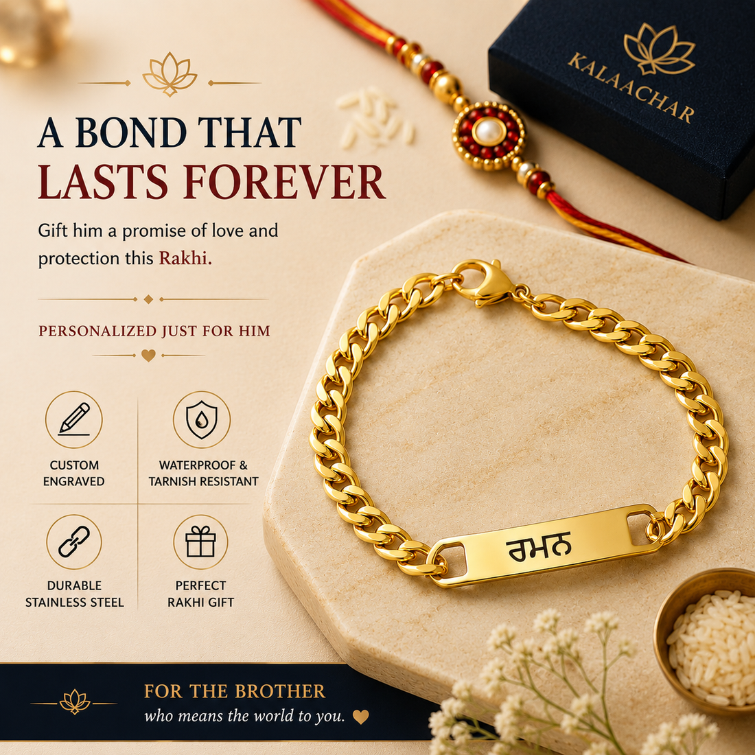Personalized Name Bracelet for Brother – Custom Rakhi Gift Gold Stainless Steel