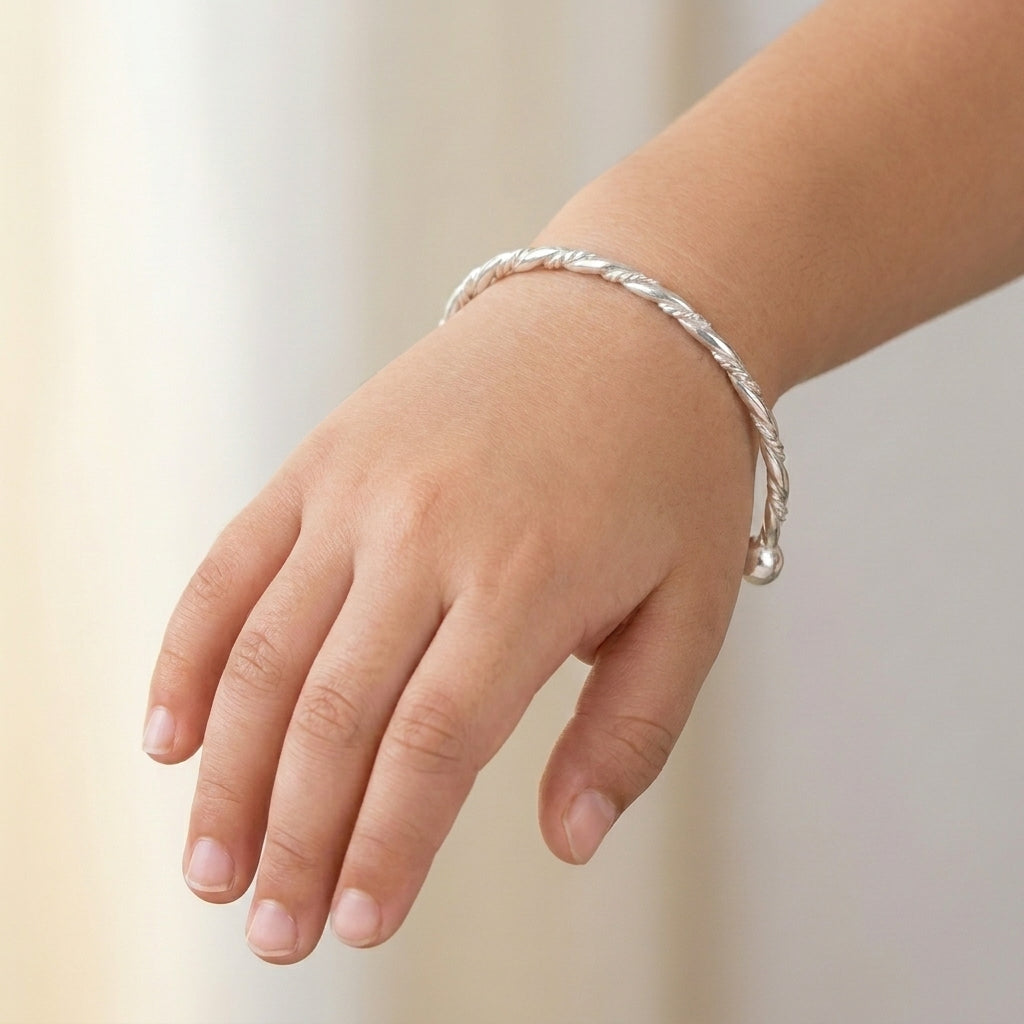 925 Sterling Silver Kids Twisted Bangle - Adjustable Classic Silver Bracelet Baby 334-40000