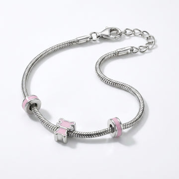 925 Sterling Silver Kids Teddy Bear Bracelet - Pink Enamel Charm Jewelry Baby 675-42000