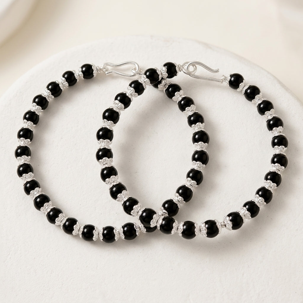 Sterling Silver Baby Black Bead Kada Bracelet 1 pc-380-4-6
