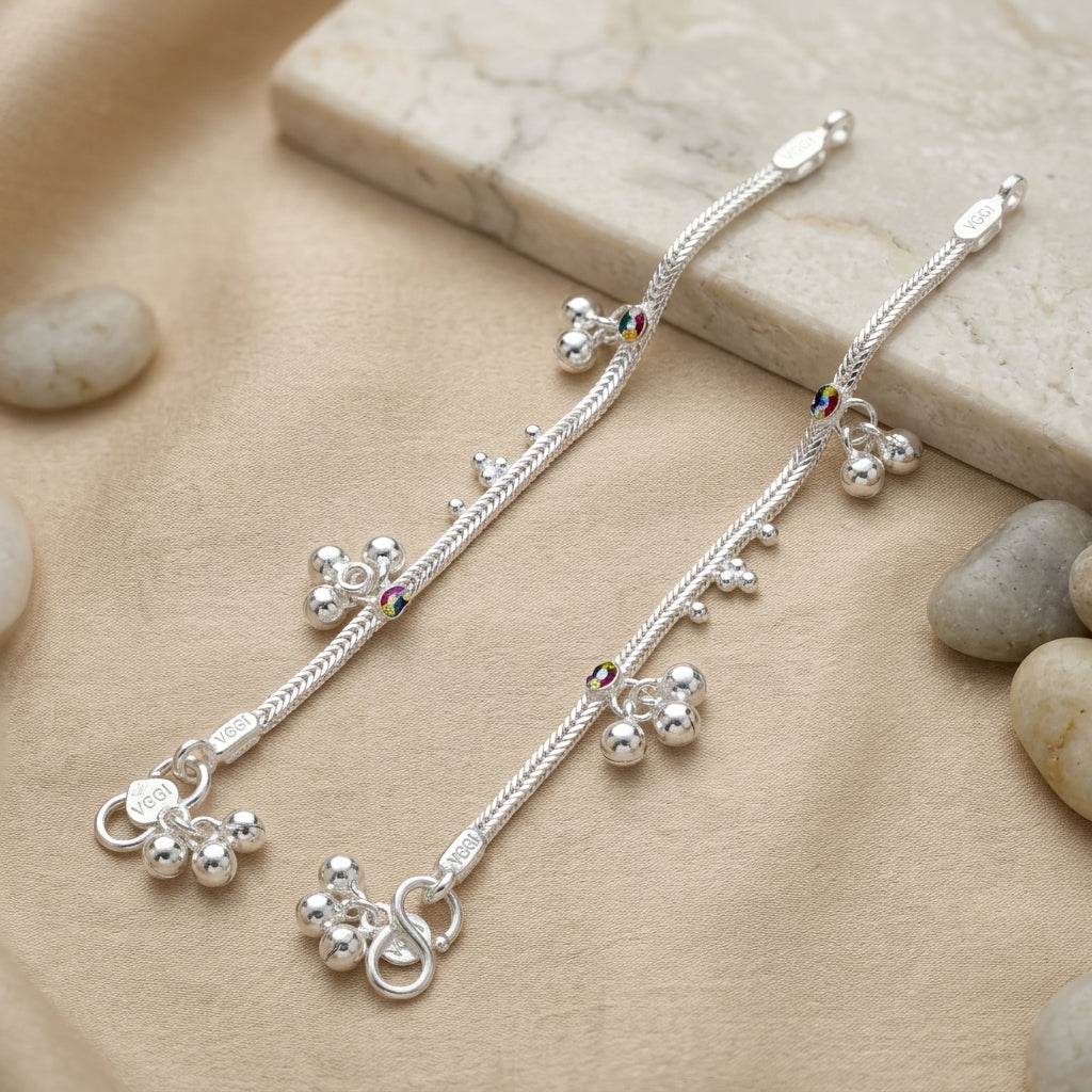 Silver Baby Anklet Pair with Colorful Enamel & Ghungroo | Kids Payal Set-0-21-6