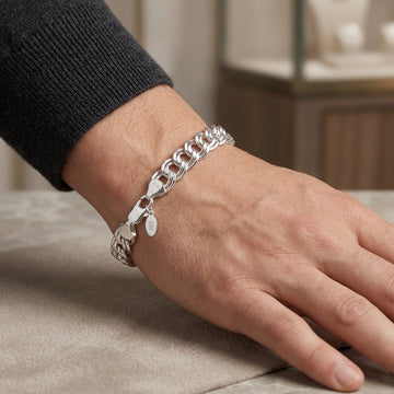925 Sterling Silver Double Link Charm Bracelet – Textured High-Polish Chain Men Bracelets 530-124000