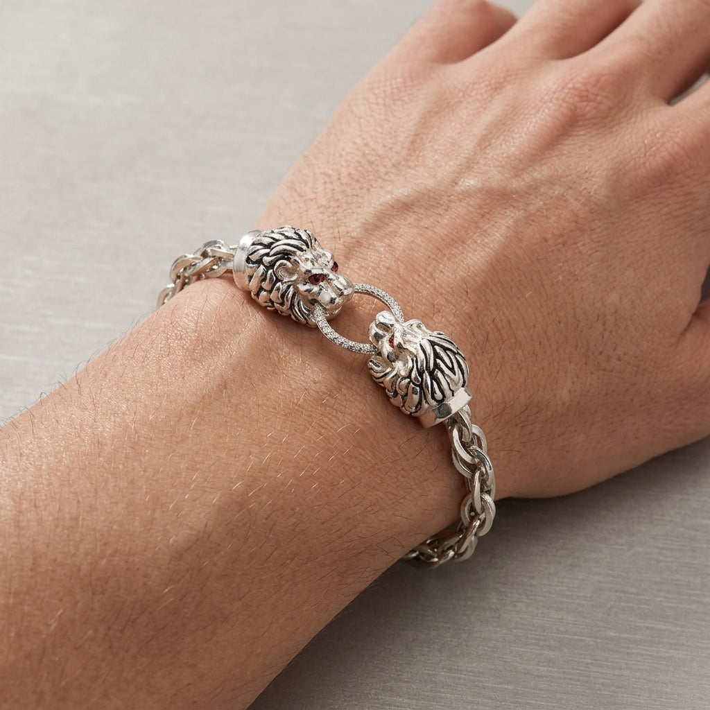 925 Sterling Silver Double Lion Head Bracelet – Luxury Byzantine Link Chain Men Bracelets 556-153000