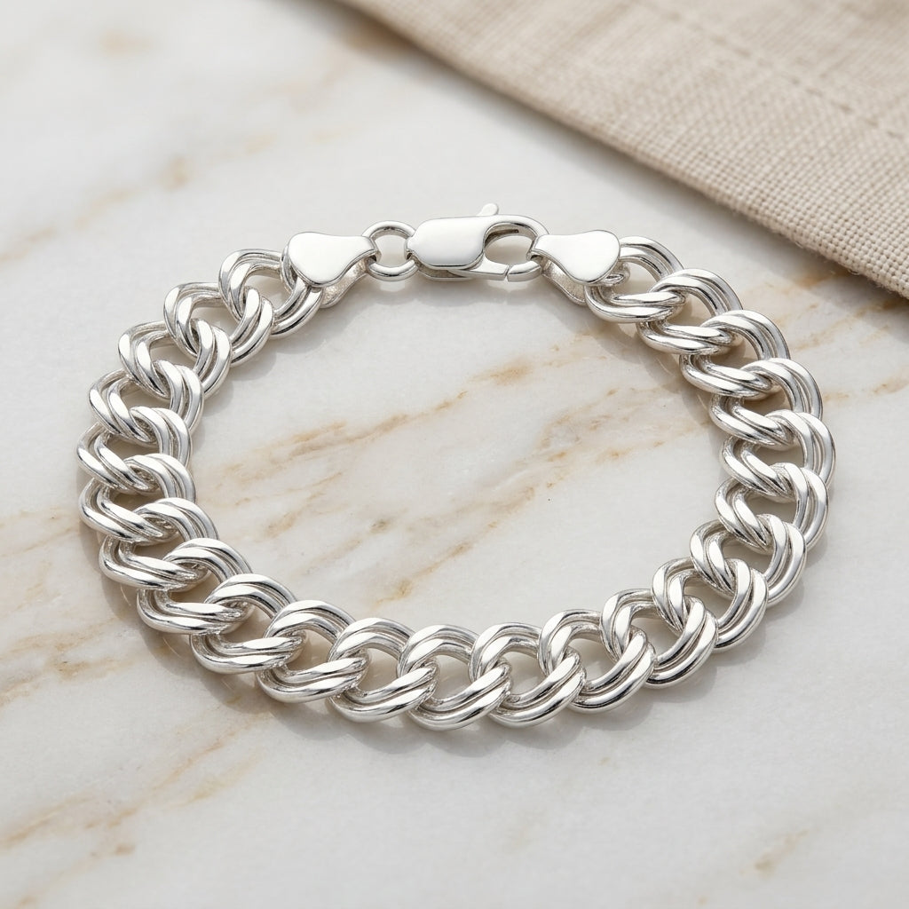 925 Sterling Silver Double Link Charm Bracelet – Textured High-Polish Chain Men Bracelets 530-124000