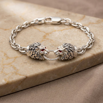 925 Sterling Silver Double Lion Head Bracelet – Luxury Byzantine Link Chain Men Bracelets 556-153000