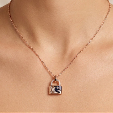 925 Silver Rose Gold Padlock Necklace and Earring Set - Real Silver Jewelry 401-56000