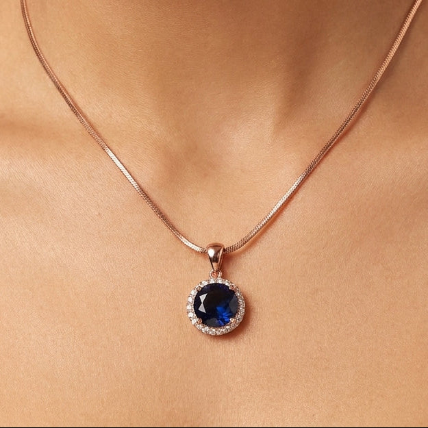 925 Silver Rose Gold Blue Halo Pendant Necklace - Real Silver Jewelry 172-73000