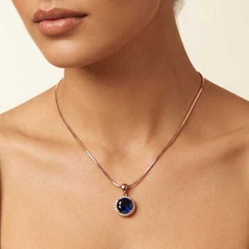 925 Silver Rose Gold Blue Halo Pendant Necklace - Real Silver Jewelry 172-73000