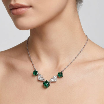 925 Silver Emerald and Heart Station Necklace - Real Silver Jewelry 132-46000