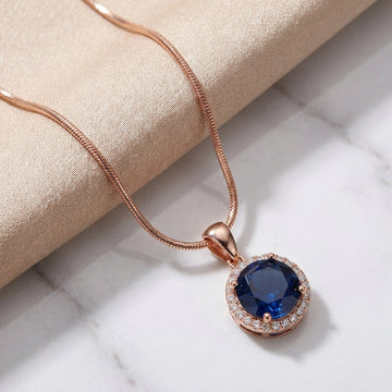 925 Silver Rose Gold Blue Halo Pendant Necklace - Real Silver Jewelry 172-73000