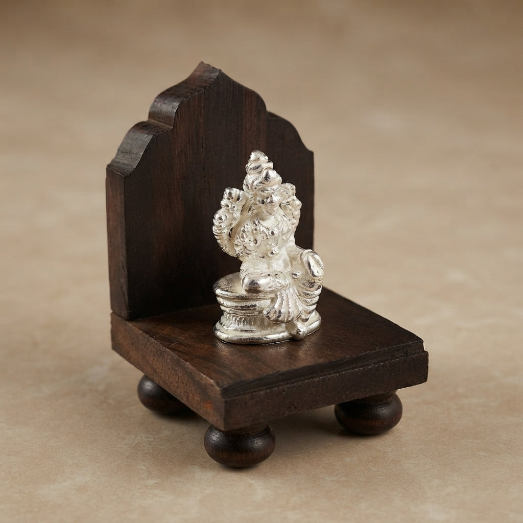 Real Silver Lakshmi Idol on Wooden Base - Premium Puja Return Gift - Lakshmi Peeta -35000