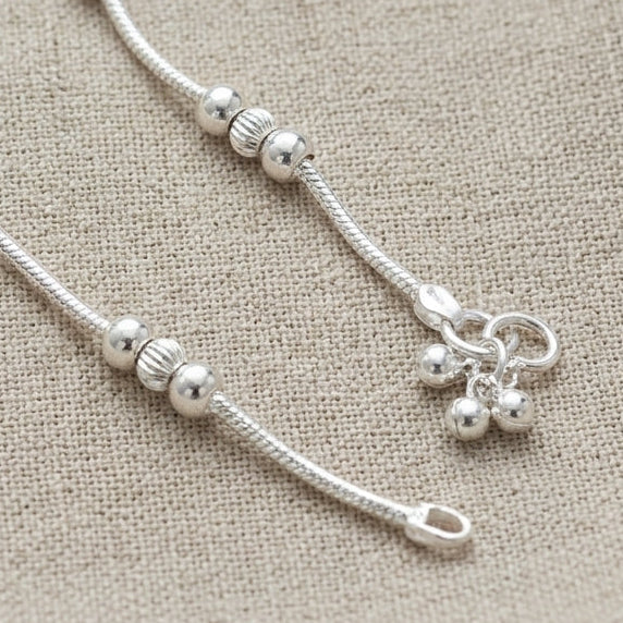 Silver Snake Chain Baby Anklet Pair with Beads & Ghungroo | Kids Payal Set-0-22-6