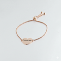 Custom photo engraved heart charm bolo bracelet in 18K rose gold plated stainless steel anti-tarnish and hypoallergenic personalized gift