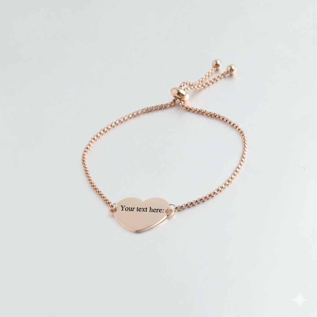 Custom photo engraved heart charm bolo bracelet in 18K rose gold plated stainless steel anti-tarnish and hypoallergenic personalized gift
