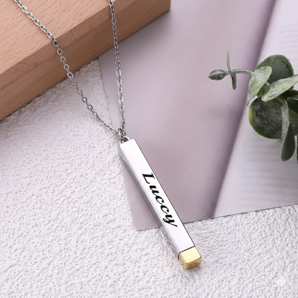 Custom Engraved Gold Vertical 3D Bar Necklace in Stainless Steel for Women and Couples, Water-proof and Hypoallergenic Personalized Jewelry Gift