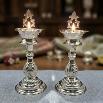 Real Silver Stand Diya Pair with Decorative Backplate - Luxury Spiritual Return Gift - South Indian lamps -1128000
