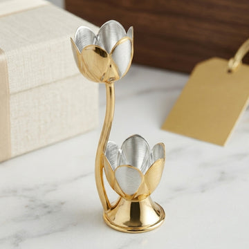 Real Silver Tulip Diya on Stem - Gold-Toned Luxury Spiritual Return Gift - GP Kumkum Stand - 250000