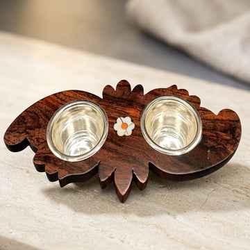 Real Silver Double Kumkum Chawal Box with Hand-Carved Wooden Base 2 Cup Set In Rosewood Stand