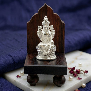 Real Silver Lakshmi Idol on Wooden Base - Premium Puja Return Gift - Lakshmi Peeta -35000