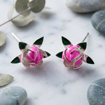 Real Silver Pink Enamel Lotus Buds on Long Stems - Premium Return Gift - Pink green lotus -30000