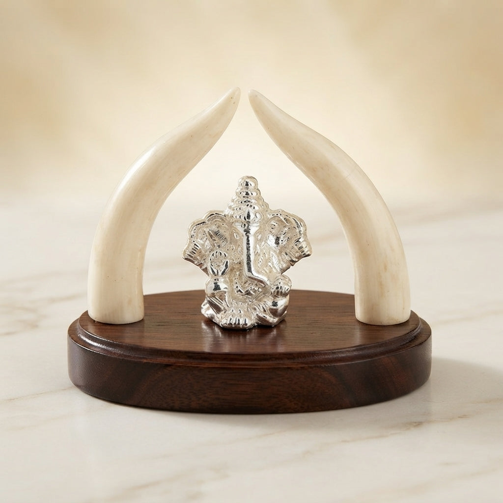 Handcrafted Silver Ganesha Idol with White Tusks -0200