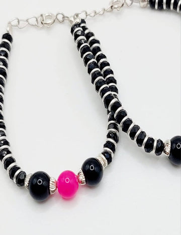 Black Bead And Blushy Pink Adjustable Bracelt - Anklet Pair S925 Silver