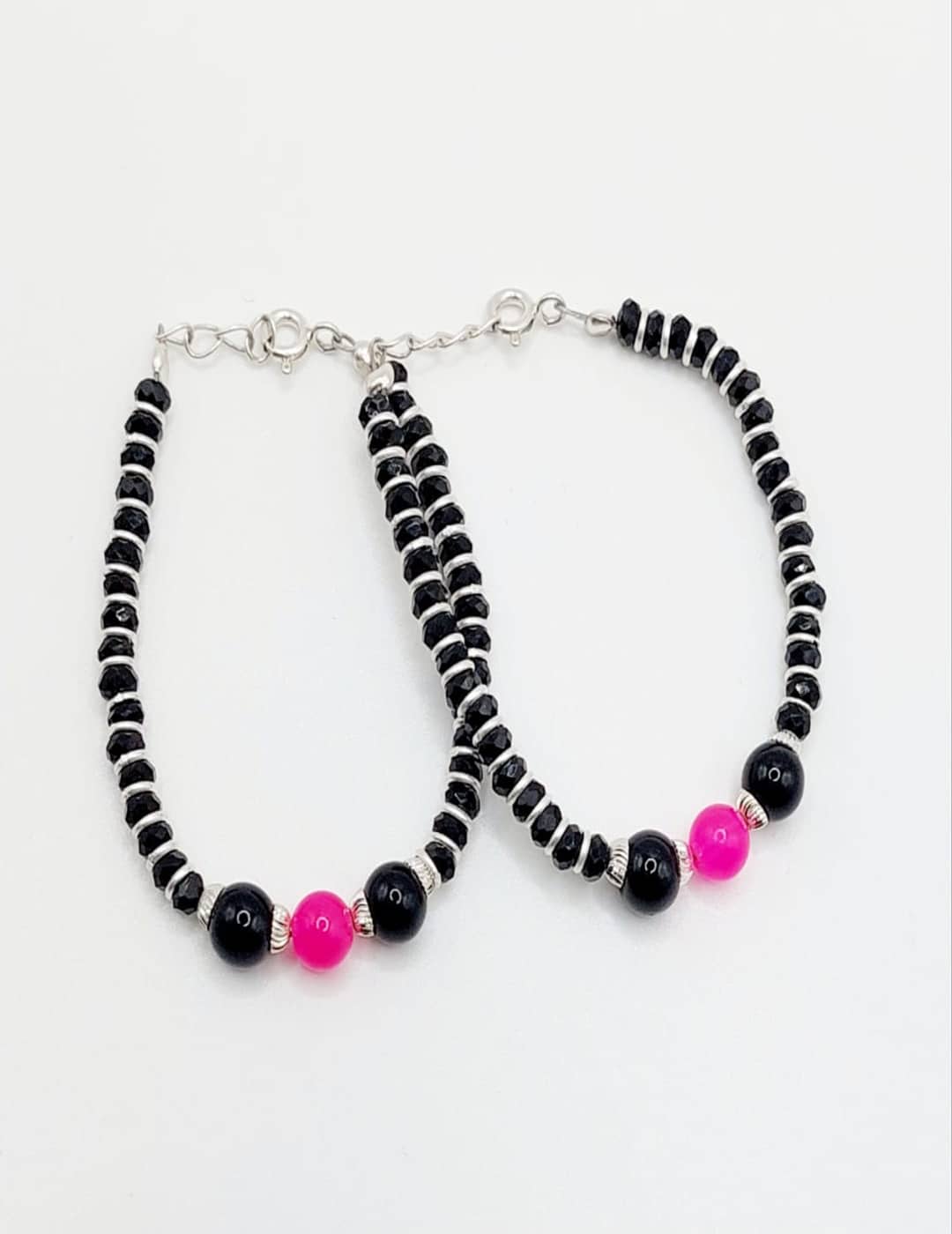 Black Bead And Blushy Pink Adjustable Bracelt - Anklet Pair S925 Silver